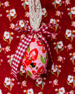 Hand-Painted Glass Christmas Ornament - Peachy Pink / Red Egg Shape - Bari J. Designs
