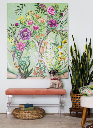 Botanical painting with pink mid century bench. Pug. Snake plant
