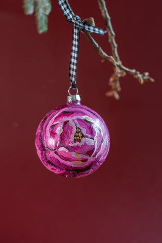 Hand-Painted Glass Christmas Ornament - Peony - Bari J. Designs